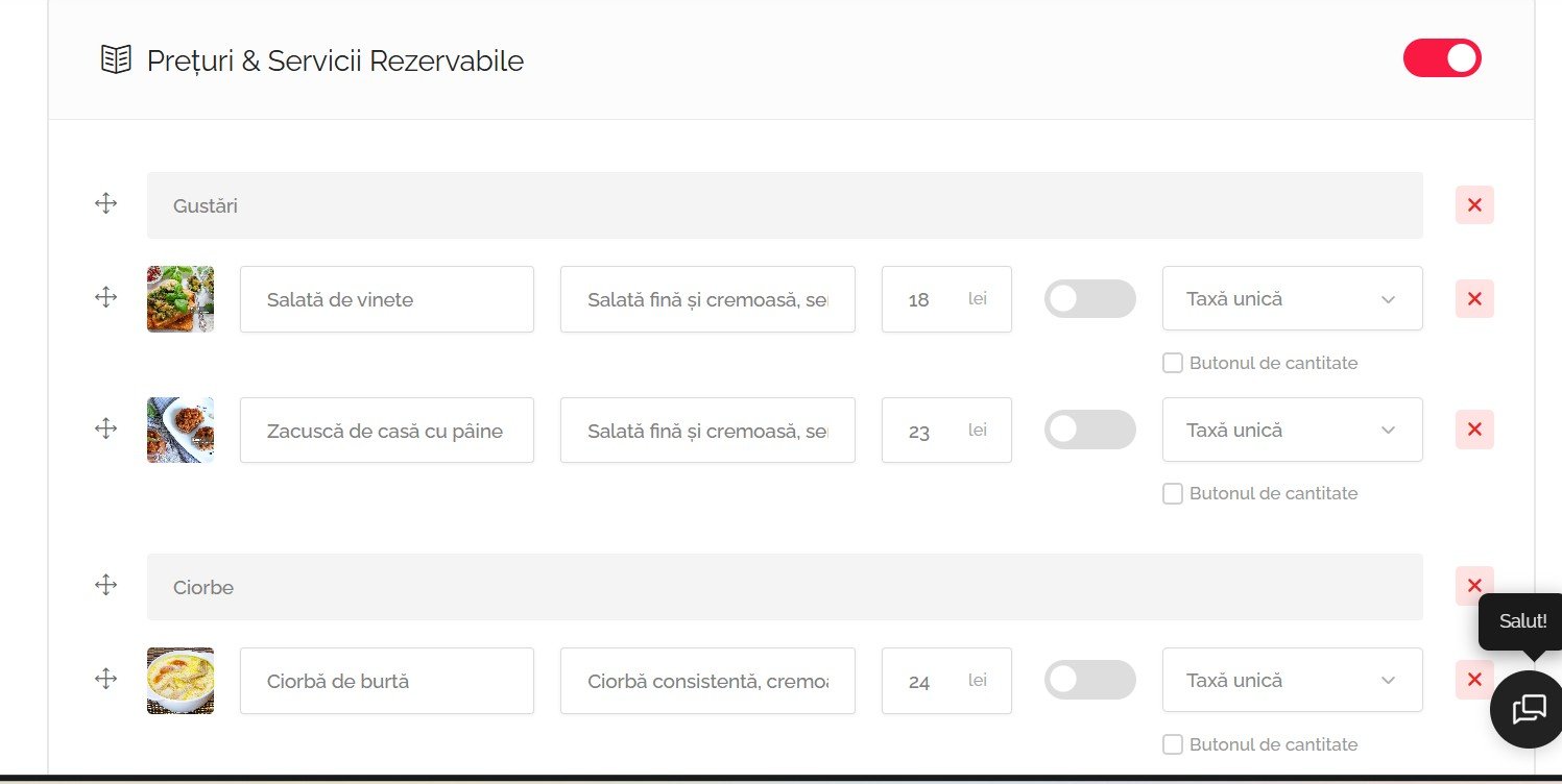 Preturi si servicii rezervabile meniu restaurant
